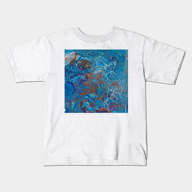 Paint pouring blue rust sienna mixed media Kids T-Shirt by kittyvdheuvel